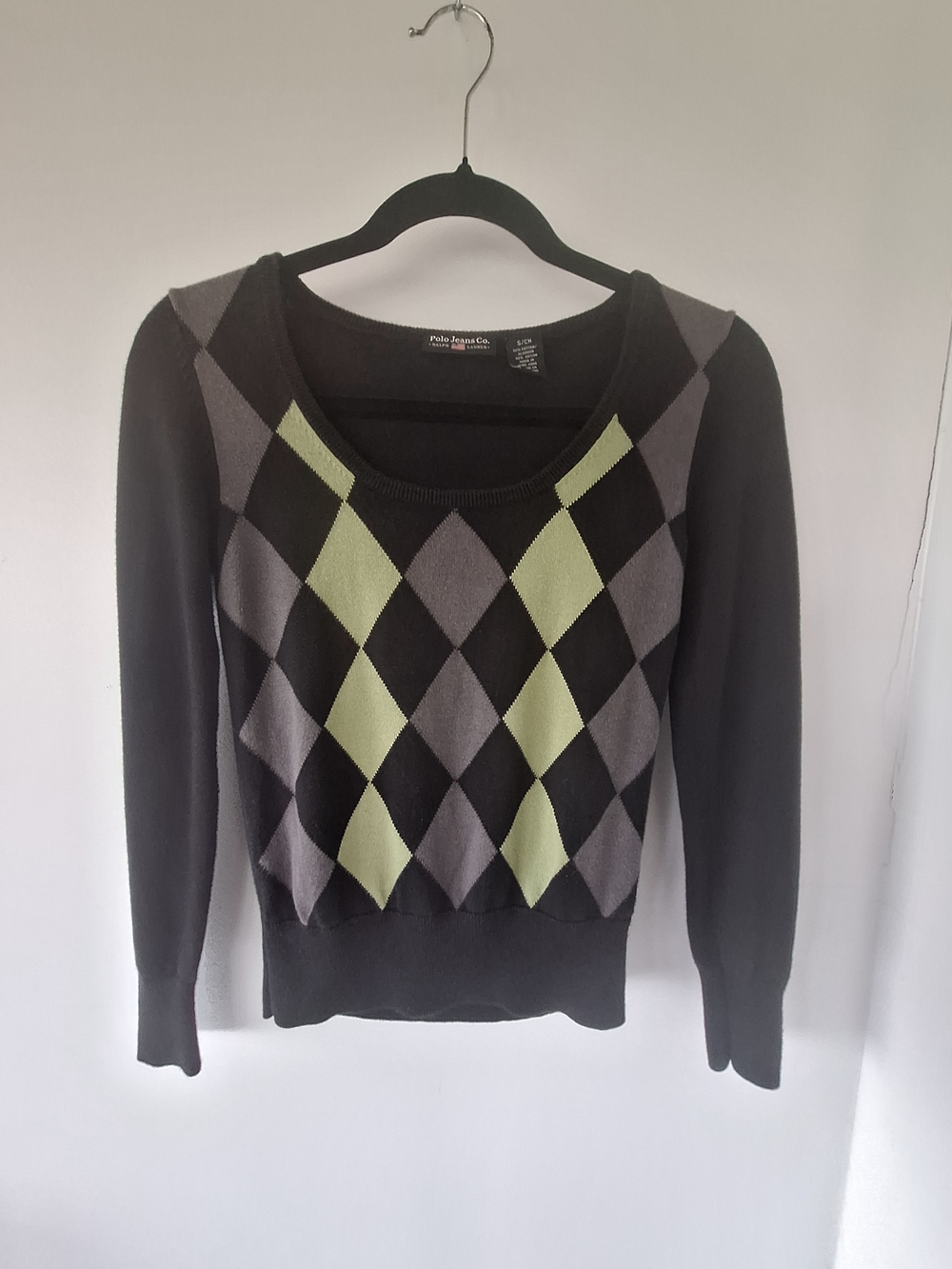 VTG Polo Jeans Co. Ralph Lauren Argyle Scoop Neck Sweater Black Grey Lime Green